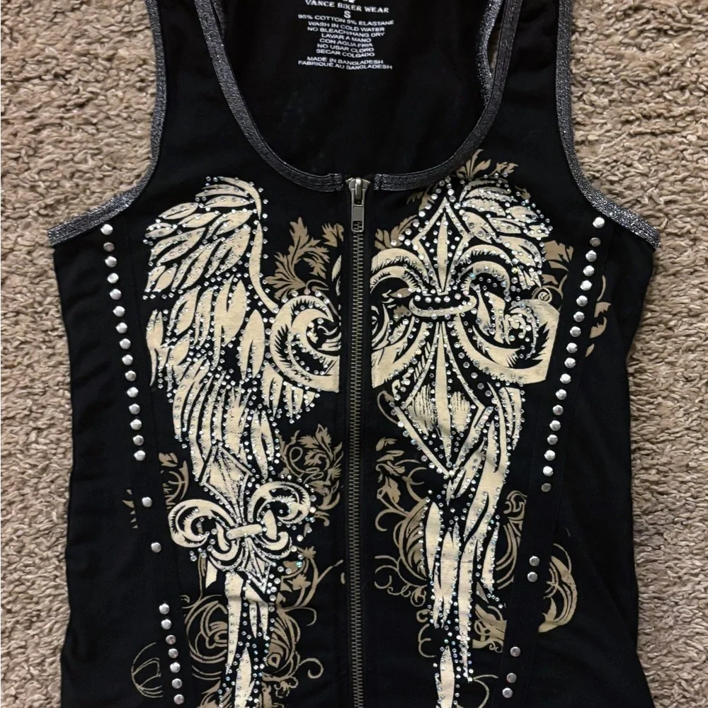Vintage Y2k Vance Biker Wear Tank Top Womans S Full Zip Double Sided Rhinestone - Picture 6 of 13